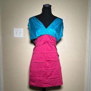 Codigo Y2K Turquoise Hot Pink Colorblock Ruched Mini Dress Bodycon Retro Medium